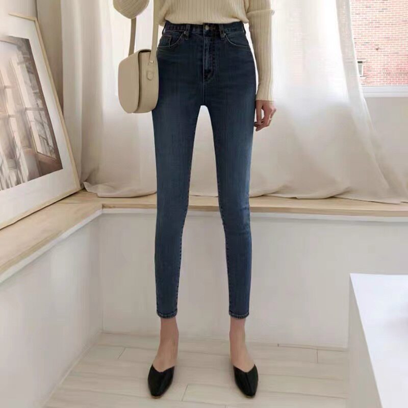 Blue high-waisted skinny jeans for women in the summer of 2022, thin and new style, slimming for petite women, summer pencil pants details Picture