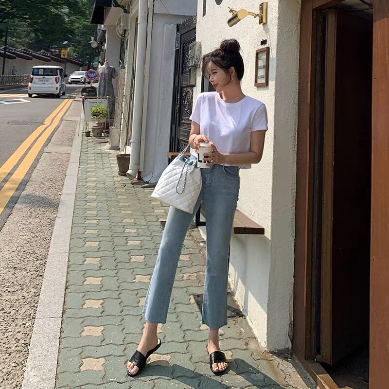 Light blue straight-leg jeans for women's summer 2022, a thin new style of 8-inch and 9-inch pants for petite women details Picture