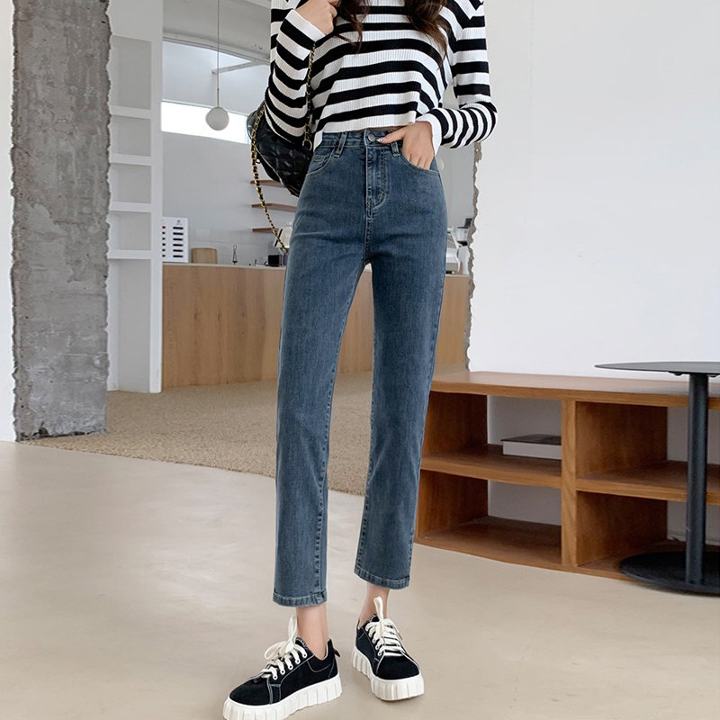 Blue-gray split straight jeans for women in the summer of 2022, a thin new high-waisted and petite cigarette tube pants details Picture