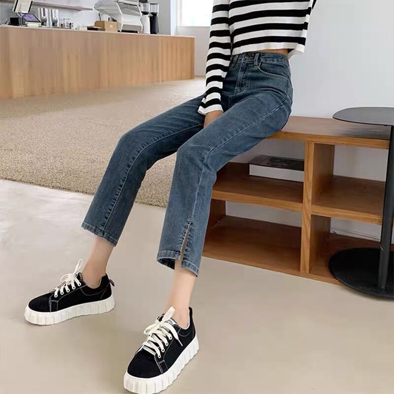 Blue-gray split straight jeans for women in the summer of 2022, a thin new high-waisted and petite cigarette tube pants
