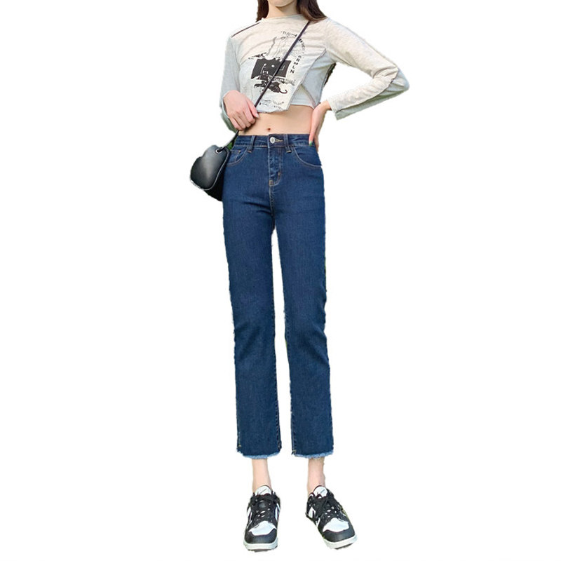 Dark blue cigarette tube straight-leg jeans for women's summer 2022, thin high-waisted pants that show a petite figure Item Picture