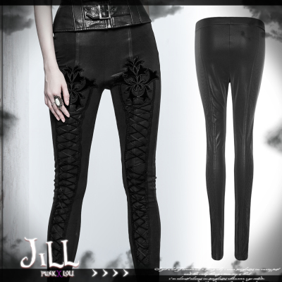 taobao agent O Jier O Goth Noble Baroque GOTH imitation boots, shoe lace, hell, flower pressing flower tight imitation leather pants K294