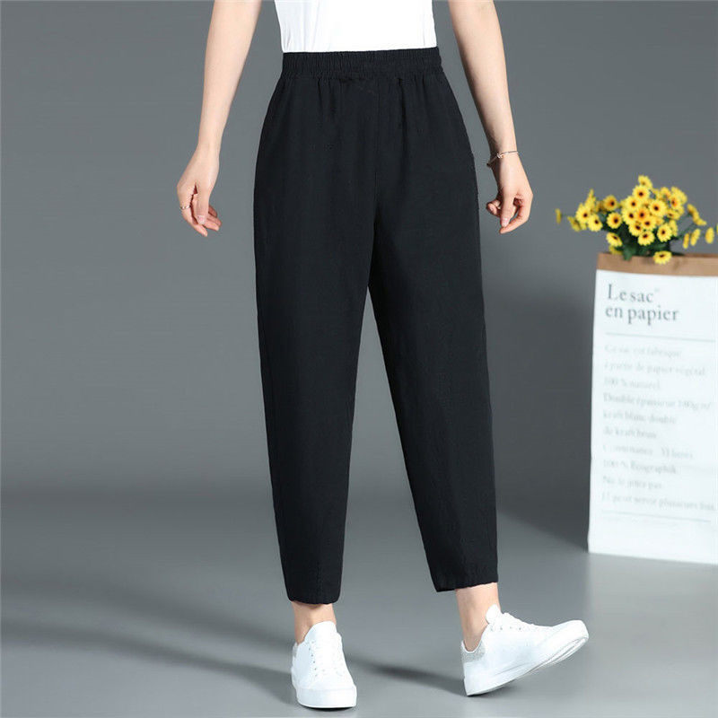 Pure cotton and linen nine-inch pants 2022 summer thin women's pants Loose plum-size mom elastic waist casual pants Halon pants Women Specification image