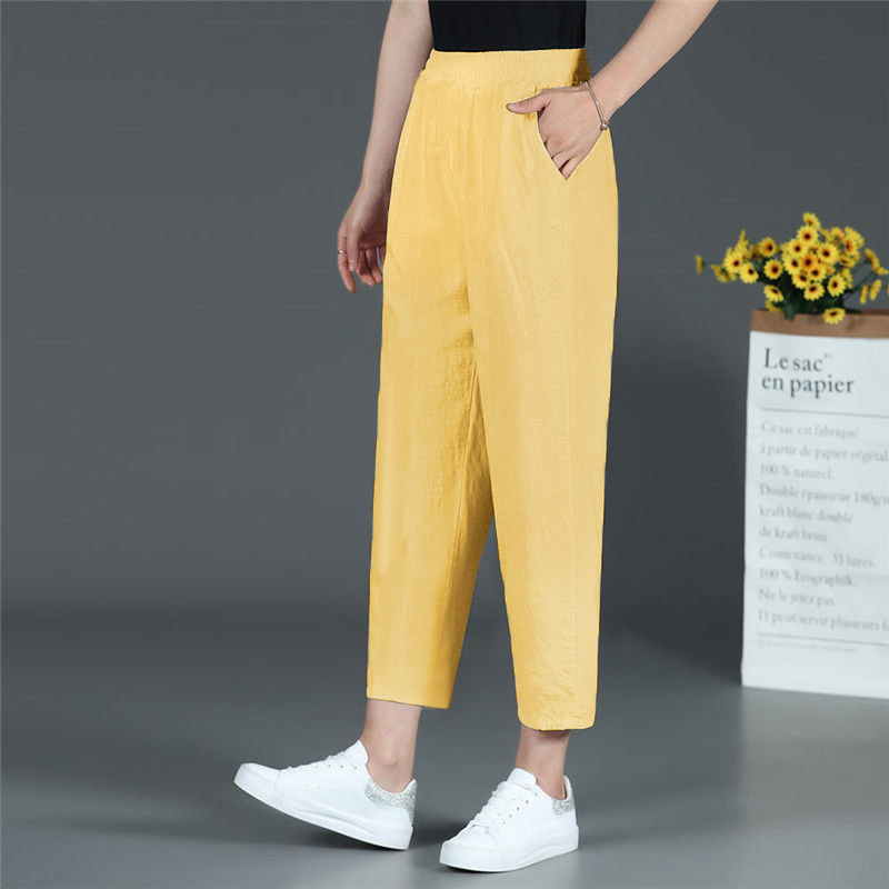 Pure cotton and linen nine-inch pants 2022 summer thin women's pants Loose plum-size mom elastic waist casual pants Halon pants Women Application Scenario