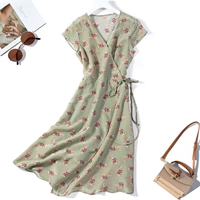 Летнее шелковое платье с коротким рукавом, элегантная длинная юбка, красный (черный) чай, французский стиль, цветочный принт, средней длины, популярно в интернете