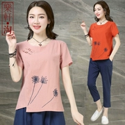 Áo thun cotton và vải lanh cỡ lớn cho nữ 2019 hè mới thêu hoa retro quốc gia nút gió ngắn tay áo sơ mi nữ - Áo phông