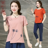 Áo thun cotton và vải lanh cỡ lớn cho nữ 2019 hè mới thêu hoa retro quốc gia nút gió ngắn tay áo sơ mi nữ - Áo phông áo thun tay lỡ