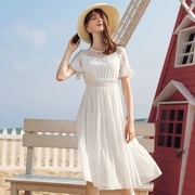 Mùa hè 2019 mới của phụ nữ cổ tròn chấm bi một chiếc váy voan mỏng đầm tua rua nhỏ tay áo chuông - A-Line Váy