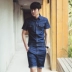 Hàn Quốc mùa hè nam mỏng ngắn tay jumpsuit Hàn Quốc phiên bản của thủy triều của nam giới denim quần short áo sơ mi phù hợp với thủy triều Bộ đồ