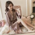 Sexy đồ ngủ mùa hè của phụ nữ ngắn tay Nhật Bản retro ren robe phần mỏng băng lụa áo choàng tắm dài dịch vụ nhà