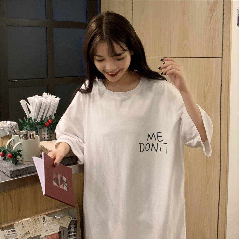 Whitesummer new pattern T-shirt Lazy wind letter printing Medium and long term Short sleeve female Korean version student easy Harajuku jacket