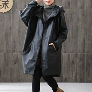 2018 mùa đông mới rộng kích thước lớn áo khoác da PU gió nữ béo mm dài trùm đầu áo khoác da Hàn Quốc