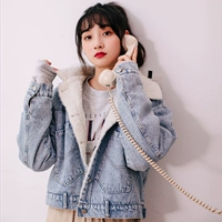 Mùa đông 2018 phiên bản Hàn Quốc mới là áo khoác mỏng cashmere nhiều túi denim ngắn, áo khoác cotton dày cotton nữ áo bò nữ