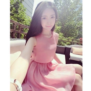 Phụ nữ Hàn Quốc 2019 mùa hè nhỏ tươi ngọt ngào đầm đầm không tay nơ là váy cao eo mỏng - Váy eo cao