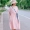 Văn học retro vải lanh màu rắn sọc ngắn tay mùa hè phụ nữ mới V-cổ váy dài giản dị - Váy dài