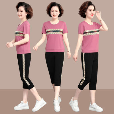 中年运动套装女妈妈夏装短袖两件套40岁50中老年休闲T恤大码上衣