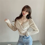 Бархатная демисезонная сексуальная цепь, футболка, популярно в интернете, 2020, высокая талия, V-образный вырез