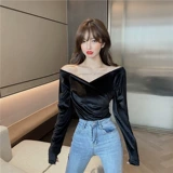 Бархатная демисезонная сексуальная цепь, футболка, популярно в интернете, 2020, высокая талия, V-образный вырез