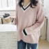 Hàn quốc phiên bản của ulzzang mùa thu và mùa đông cao đẳng phong cách màu rắn phù hợp với màu sắc V-Cổ lỏng hoang dã mỏng dài tay áo len của phụ nữ áo sơ mi Áo len