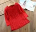 Mùa thu cô gái bé đỏ openwork ren dài tay T-Shirt cotton đáy áo trẻ em lót Áo sơ mi