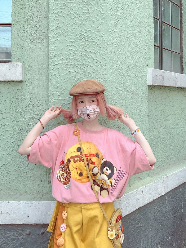 Японский винтажный милый фуксия T‑шапочка с маленькими медведями,oversize