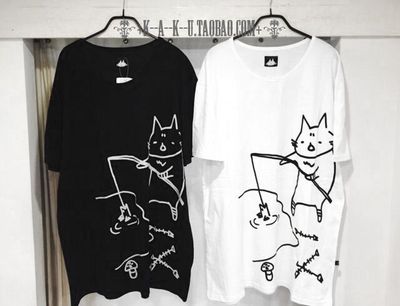 taobao agent +Japan Harajuku Stupid Meng Meow Star Breast Fishing MAFUMAFU MAFUMAFU wears long short sleeve T -shirts black and white+