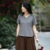 [Lanyuan] Jixiang Yuer mùa thu ban đầu Trung Quốc phong cách cổ áo đan top cotton tre ngắn tay hoang dã T-Shirt nữ áo phông rộng Áo phông