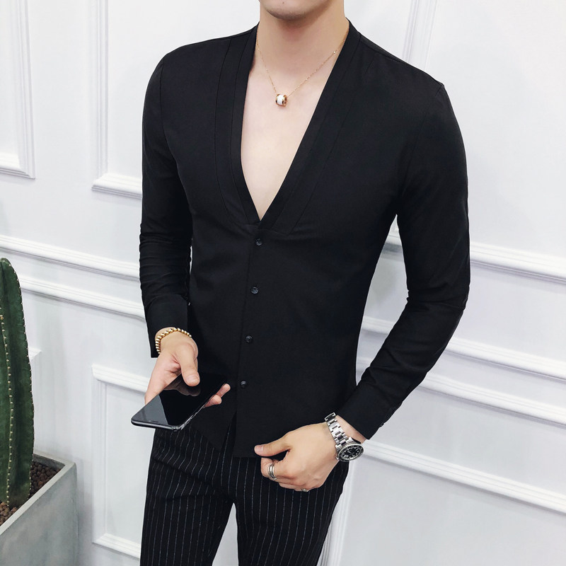 2018秋季 男士v领长袖衬衫纯色免烫英伦黑色 a03-p55 控价75以上