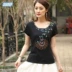 Vintage dân tộc ngắn tay t-shirt tay thêu kích thước lớn cotton màu xanh và trắng sứ t-shirt Trung Quốc phong cách mùa hè áo sơ mi nữ