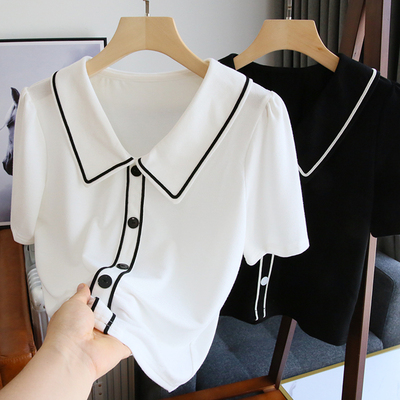 名媛气质~小香风翻领T恤女短袖POLO衫内搭上衣春夏薄款白色体恤潮