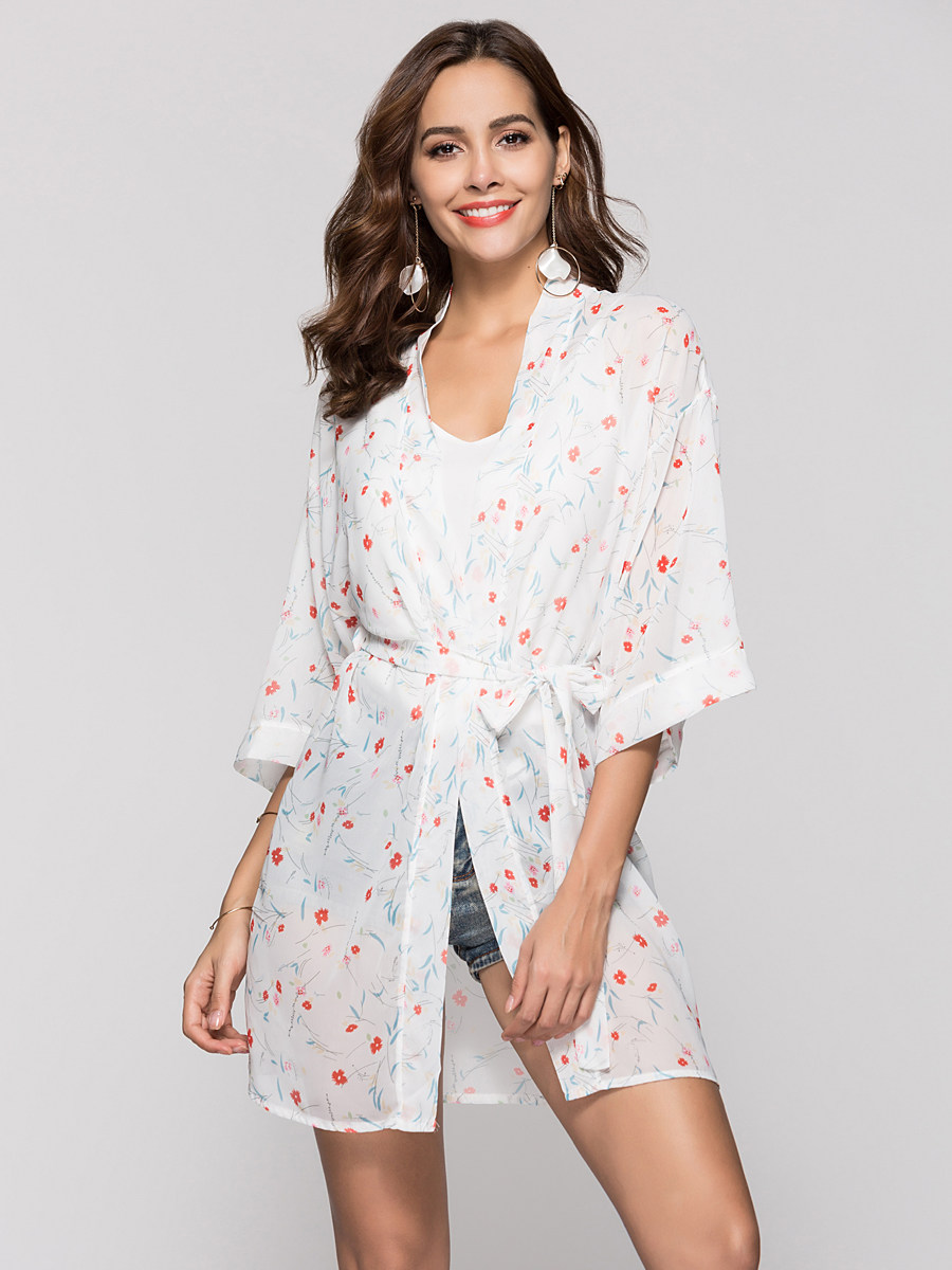 外模实拍碎花雪纺印花度假服装沙滩装大码和服0515