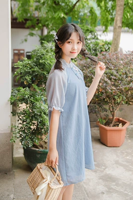 Lu Yun Ji cải tiến ban đầu Hanfu nữ gió nghe cổ áo cổ áo cải thiện sườn xám thêu váy nhẹ nhàng Han yếu tố mùa hè đầm ôm body váy đầm