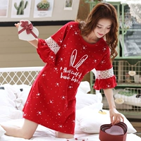 Váy ngủ nữ mùa hè tay ngắn bằng vải cotton mỏng trong phần dài size lớn năm nay màu đỏ nhà quần áo bà bầu mặc đồ ngủ - Đêm đầm shop váy đẹp