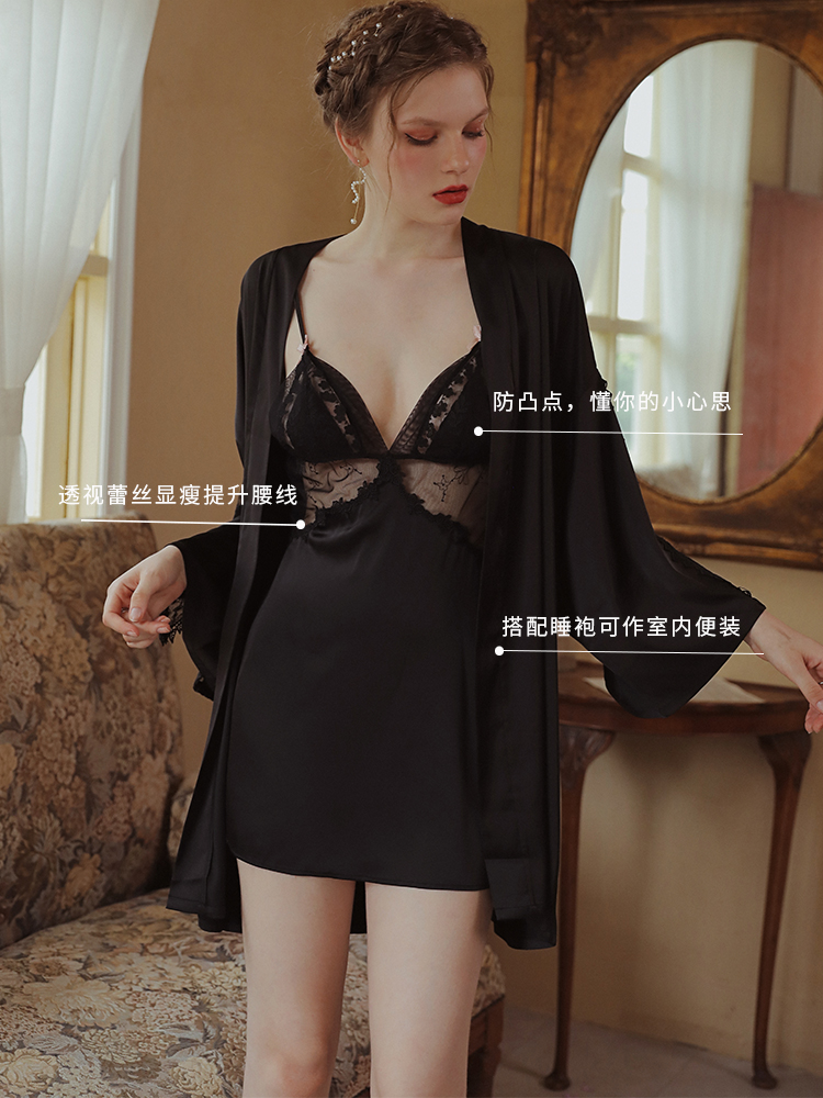 Black (Nightgown Only, Not Nightdress)upper Small building sexy pajamas female summer Thin Ice lace Private house Temptation Hot Hollow out Beautiful back camisole Nightdress