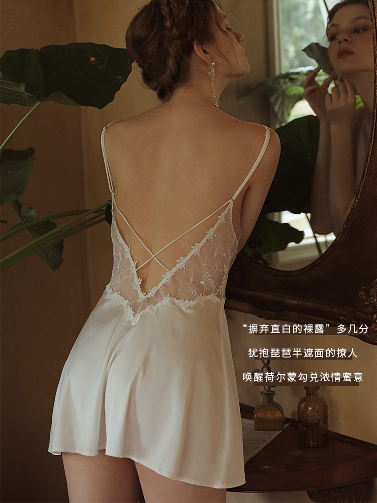 White (Nightdress Only)upper Small building sexy pajamas female summer Thin Ice lace Private house Temptation Hot Hollow out Beautiful back camisole Nightdress