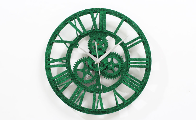 欧式复古做旧齿轮挂钟 孔雀绿沙石齿轮钟 时尚创意金粉时钟 客厅