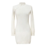 Оригинальное бежевое ципао, шерстяное трикотажное платье