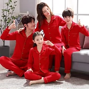Bộ đồ ngủ dành cho cha mẹ và con cái mùa xuân và mùa thu cotton nguyên chất gia đình ba mẹ con quần áo ở nhà bé trai mỏng bộ đồ dài tay màu đỏ