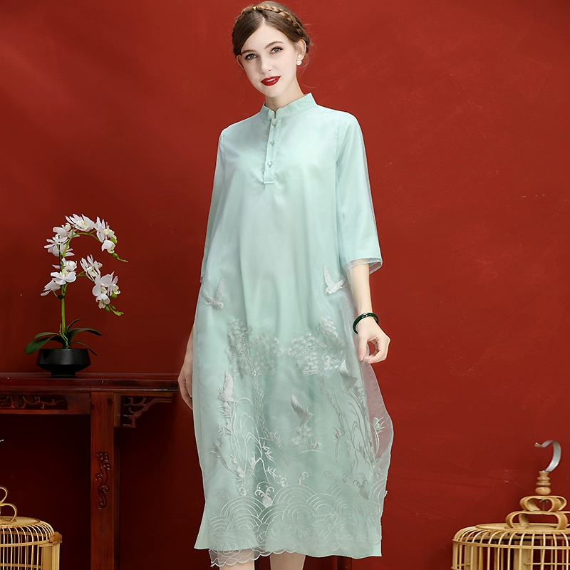 Váy kiểu Trung Quốc phiên bản cải tiến váy a-line kích thước lớn retro organza thêu chiều dài trung bình quần áo phụ nữ dân tộc mm - A-Line Váy