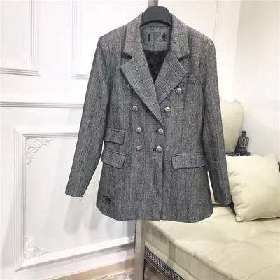 欧洲站2017秋装新款女士休闲时尚克罗心图案千鸟格小西装西服外套