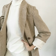 Chic check retro nhỏ tây slim body áo khoác dài phần 2018 mùa thu Hàn Quốc giản dị