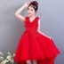 Cô gái váy công chúa váy hoa đỏ cô gái đám cưới trẻ em nhảy piano sàn catwalk chủ trang phục mùa hè
