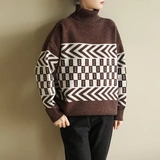 Естественно, свободный и повседневный контрастный цветовой сшивание высокого лацкана -Ретро -свитер осень и зима MA1770