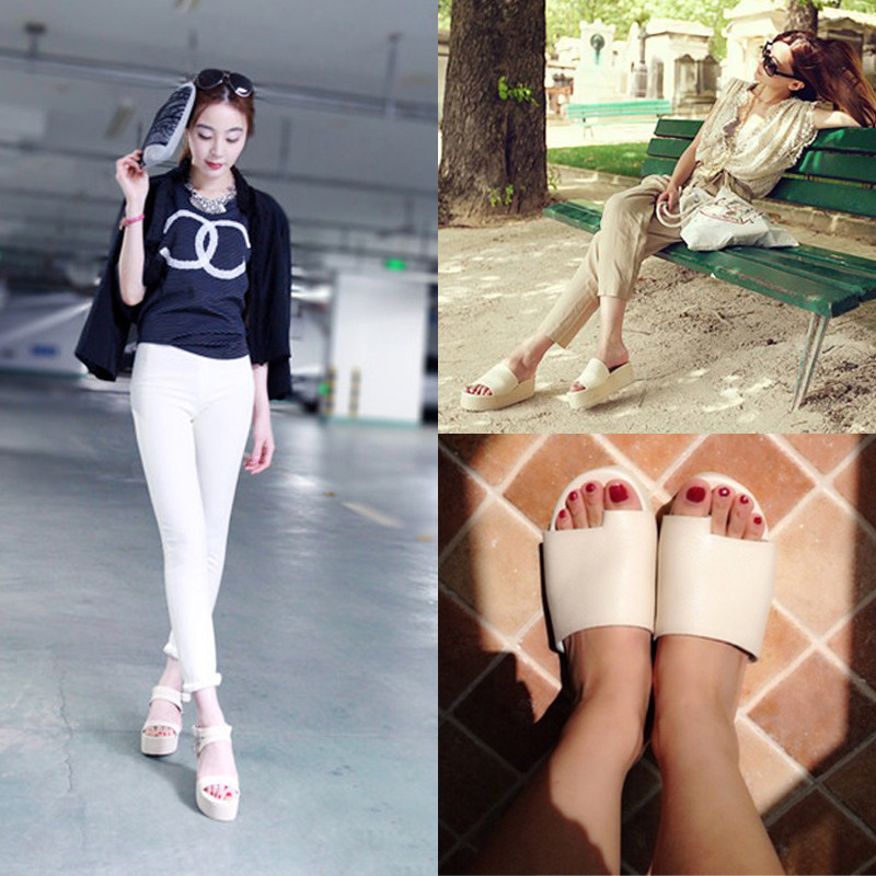 网红明星同款徐濠萦港味夏时尚外穿厚底坡跟松糕凉鞋女白色凉拖鞋