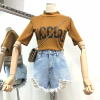 [] G 16 mùa hè mới thời trang hoang dã Hàn Quốc phiên bản của tự trồng eo nửa cao cổ áo phụ nữ Hàn Quốc T-Shirt áo phông nữ cao cấp