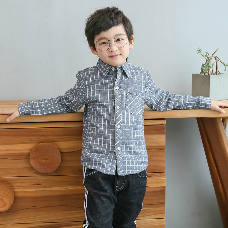 5男中童鼕装加绒格子衬衫8岁10男童长袖纯棉儿童装加厚衬衣12男孩