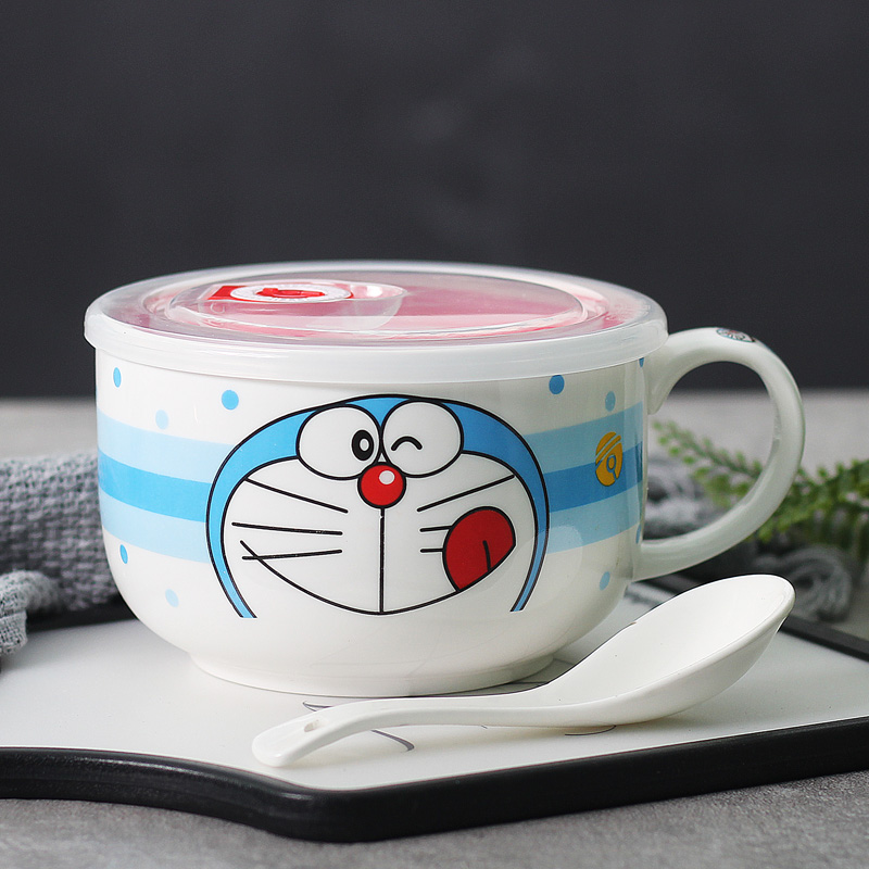 Small Dora Bar Pay Attention To Spoon And Chopsticksstudent Noodle soup bowl ceramics Handle with cover trumpet seal up Instant noodles cup Bento Lunch box Cartoon can Microwave Oven Breakfast cup
