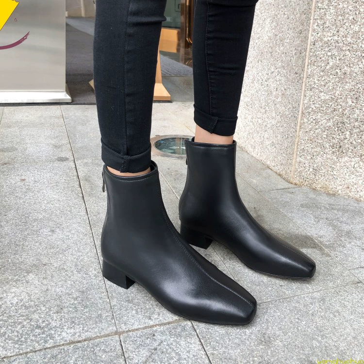 Giày cao gót đế vuông nữ mùa thu 2019 phiên bản mới của Hàn Quốc dày với đôi bốt da nhỏ hoang dã Giày bốt Chelsea cỡ lớn - Giày ống