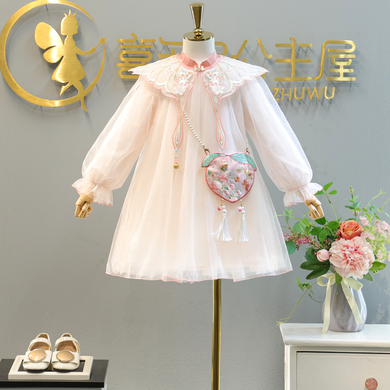 Girls' Princess Dress 2023 Spring and Autumn Improved Chinese Style Cloud Shoulder Hanfu Dress Veil Dress Sweet Children's Dress