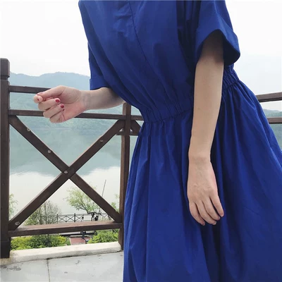 [BP] Hàn Quốc INS tối giản mùa hè lười biếng thường lỏng eo ngắn tay áo đầm chân váy chữ a dáng dài váy đầm